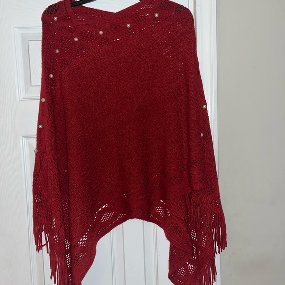 Beautiful Pearl Red Color Sweater Poncho - Picture 4 of 4
